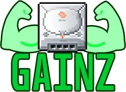 SH4ZAM logo, a pixel-art Dreamcast flexing green arms over the word GAINZ